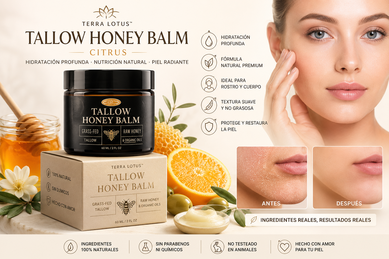TERRA LOTUS™ Crema Natural de Sebo de Res con Miel Orgánica – Hidratación Profunda para Rostro y Cuerpo